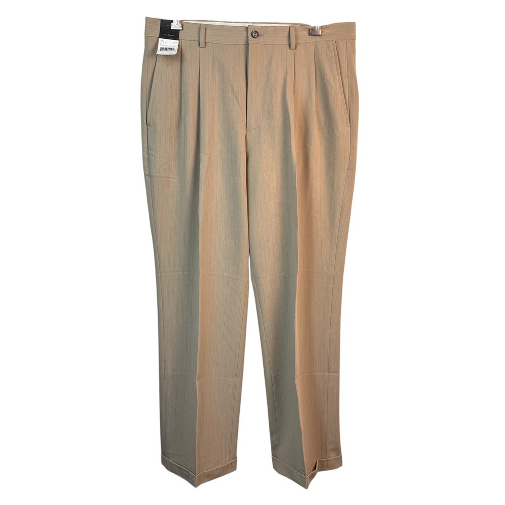 NEW NWT Claiborne Dress Pants Mens 34x30 Tan Pinstripe Pleated‎ Polyester Blend